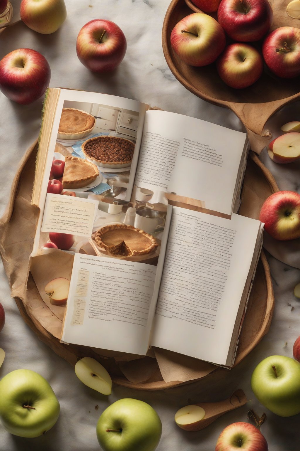 A high-resolution photo of The Joy of Cooking cookbook open to a pie recipe page, surrounded by fresh apples and rolling pin under soft lighting.