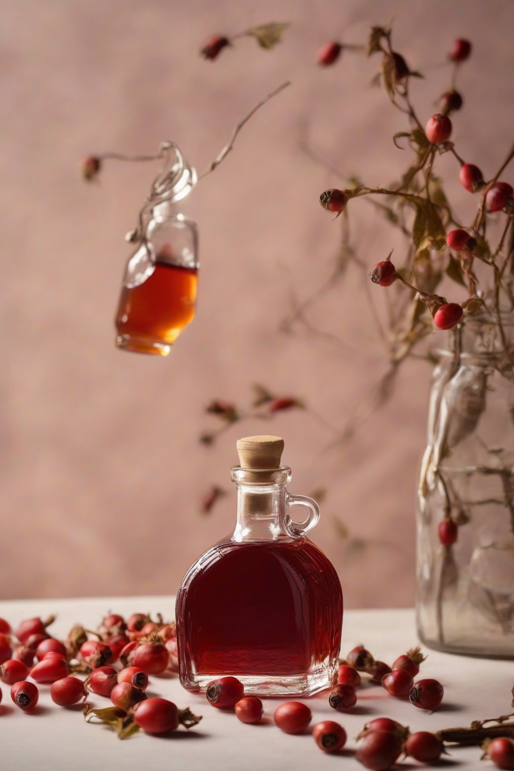 A high-resolution photo of rosehip elderberry syrup in an elegant glass bottle with rosehip pods, under soft lighting.