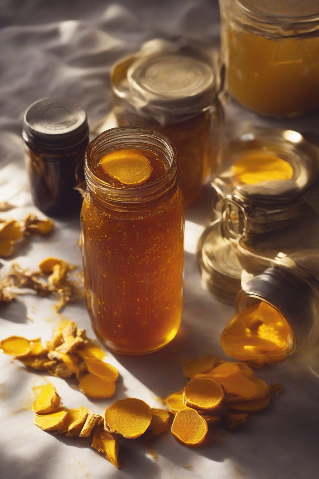 A high-resolution photo of golden turmeric elderberry syrup glowing in a jar with turmeric root slices, under soft lighting.