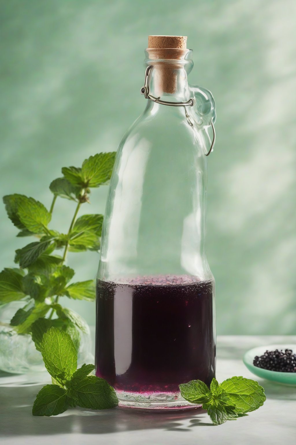 A high-resolution photo of minty elderberry syrup in a clear bottle with mint sprigs floating, under soft lighting.