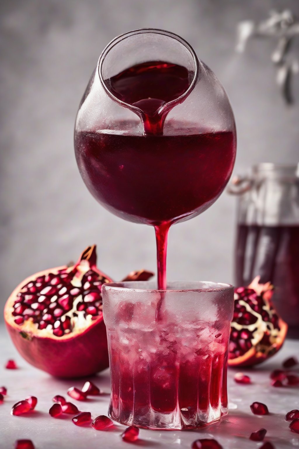 A high-resolution photo of pomegranate elderberry syrup poured over ice with pomegranate arils, under soft lighting.