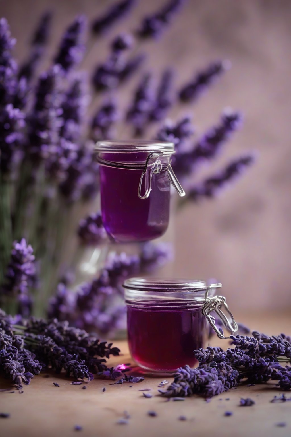 A high-resolution photo of lavender honey elderberry syrup in a jar surrounded by lavender sprigs, under soft lighting.