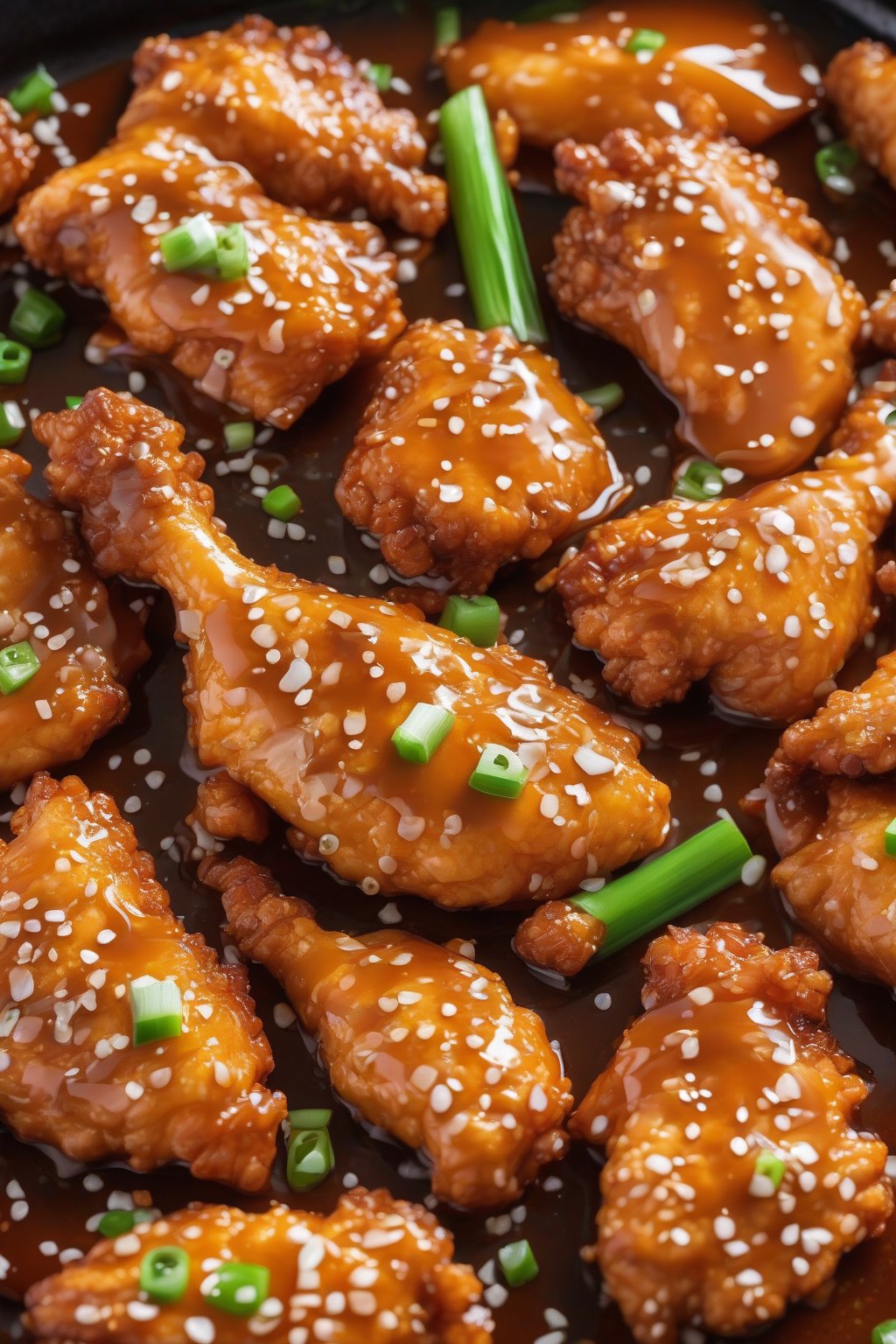A high-resolution photo of golden crispy chicken pieces glazed in shiny orange sauce, garnished with sesame seeds and green onions, under soft lighting.