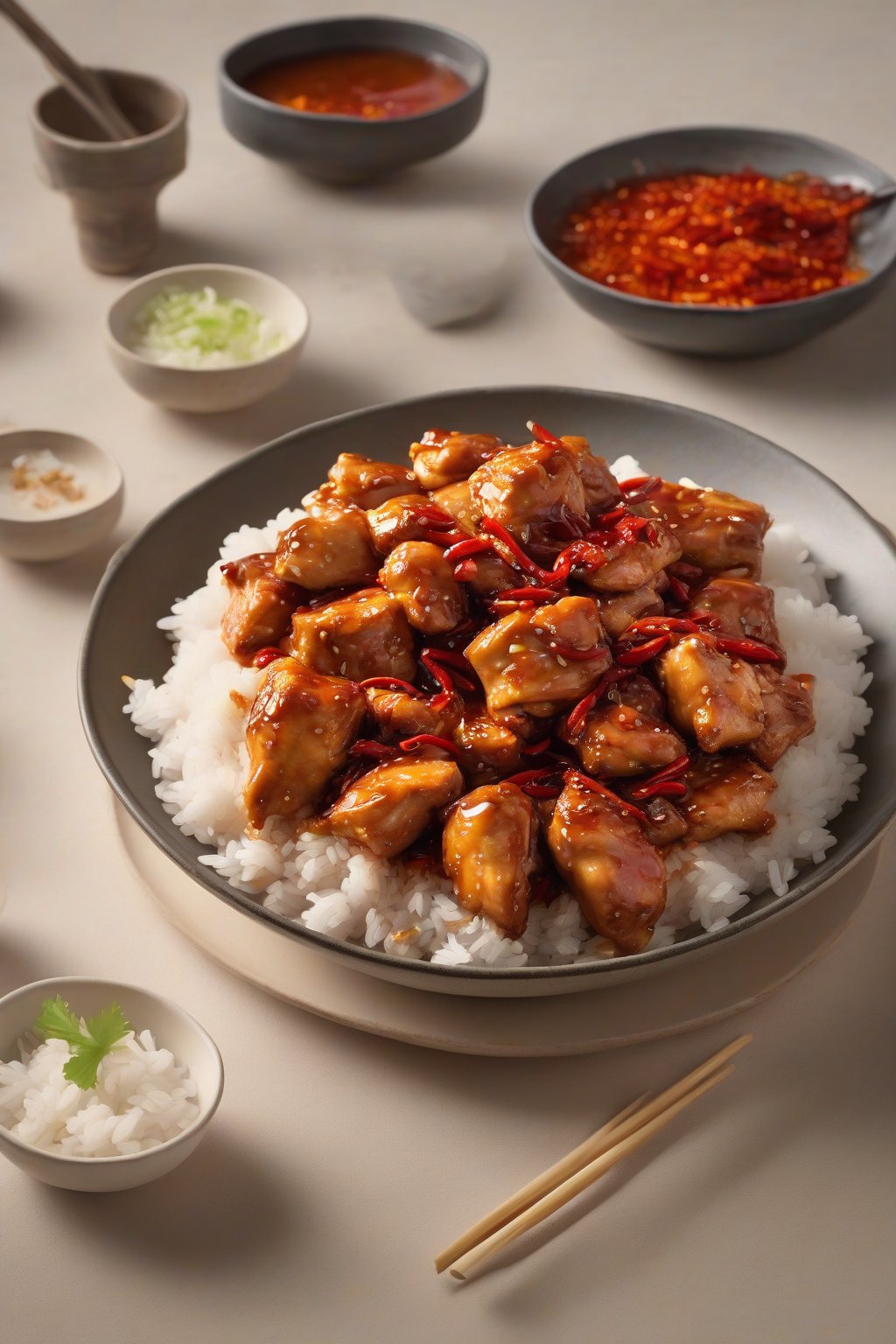 A high-resolution photo of spicy orange-glazed chicken chunks with red chili flecks, steam rising, on a bed of rice under soft lighting.