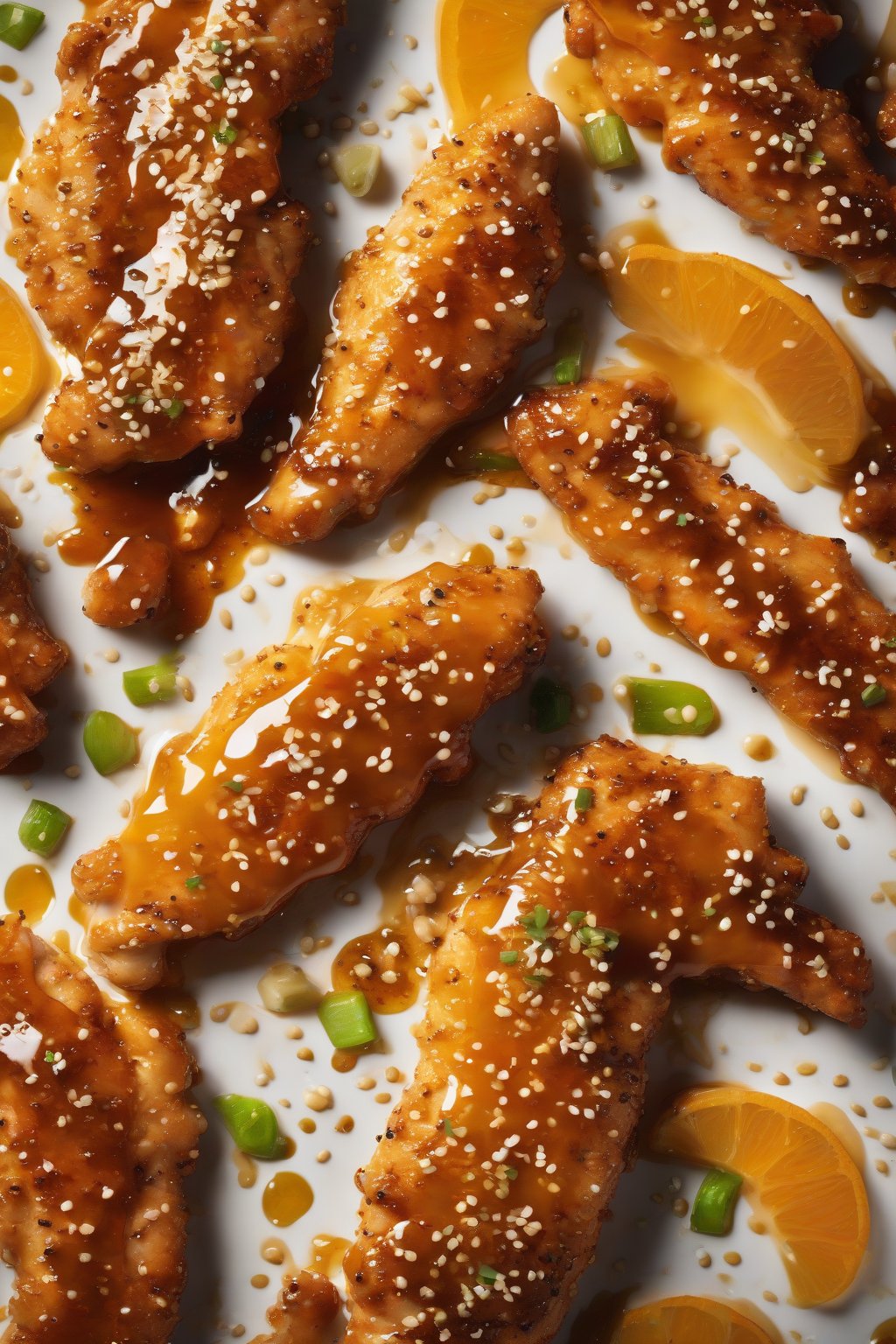 A high-resolution photo of chicken tenders dripping in honey-garlic orange sauce, sprinkled with sesame seeds, under soft lighting.