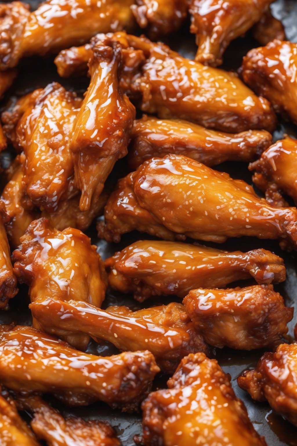 A high-resolution photo of baked chicken wings coated in thick orange glaze, crispy edges visible, under soft lighting.