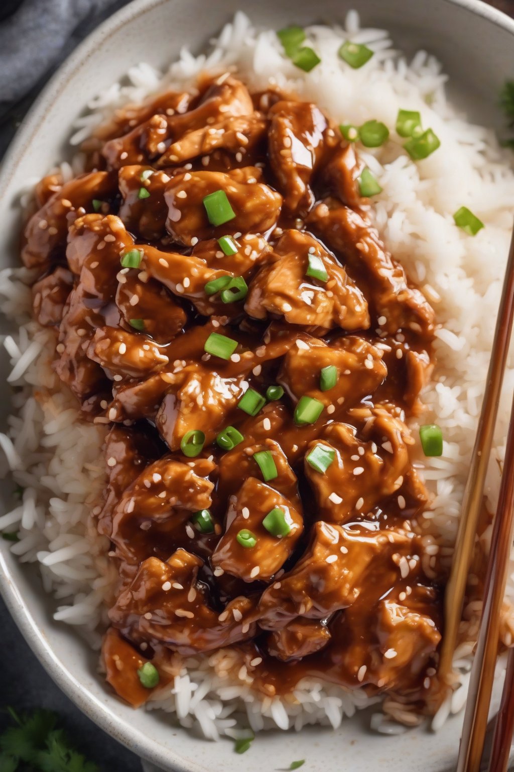A high-resolution photo of shredded slow cooker orange chicken in glossy sauce, served with rice, under soft lighting.