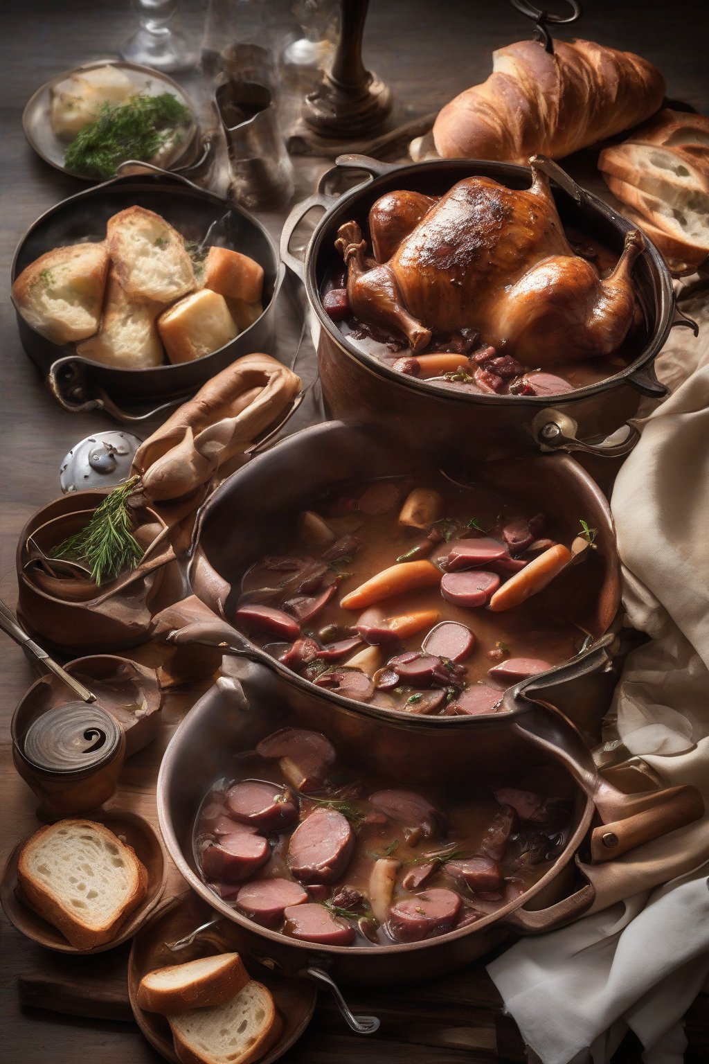 A high-resolution photo of Mastering the Art of French Cooking displayed with a copper pot of coq au vin and baguette slices under soft lighting.