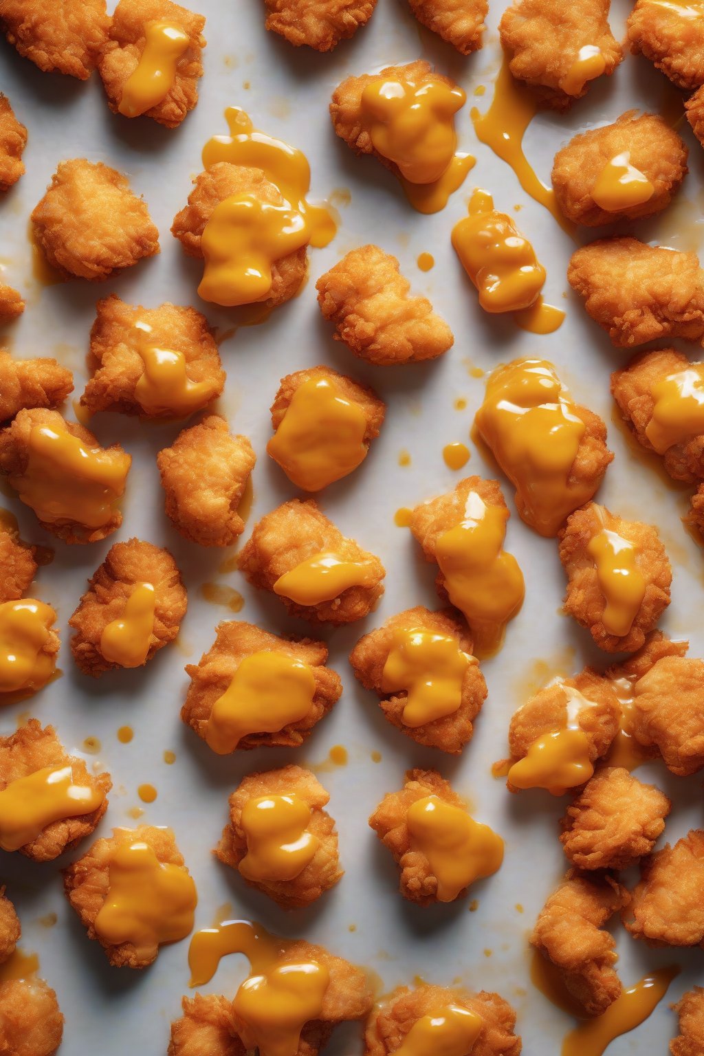 A high-resolution photo of air-fried chicken nuggets shiny with orange sauce, bite marks shown, under soft lighting.