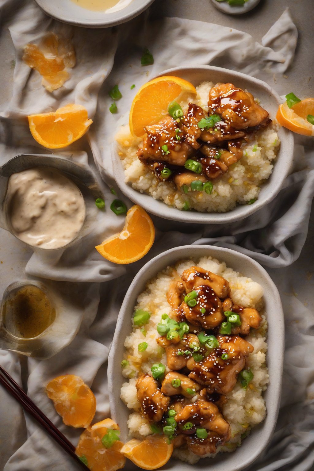 A high-resolution photo of gluten-free orange chicken over cauliflower rice, sauce pooling, under soft lighting.