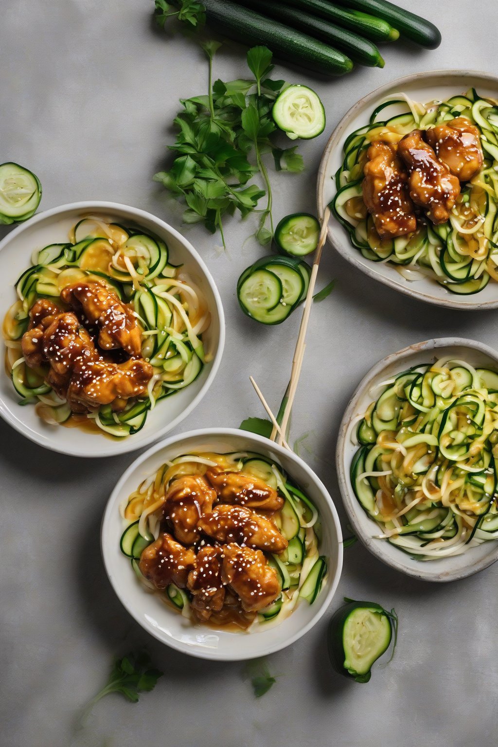 A high-resolution photo of keto orange chicken glistening with low-carb sauce, alongside zucchini noodles, under soft lighting.