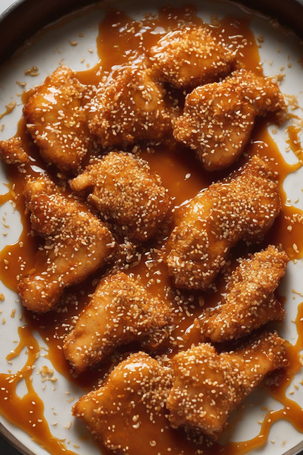 A high-resolution photo of sesame-seed-crusted orange chicken, sauce threads pulling apart, under soft lighting.