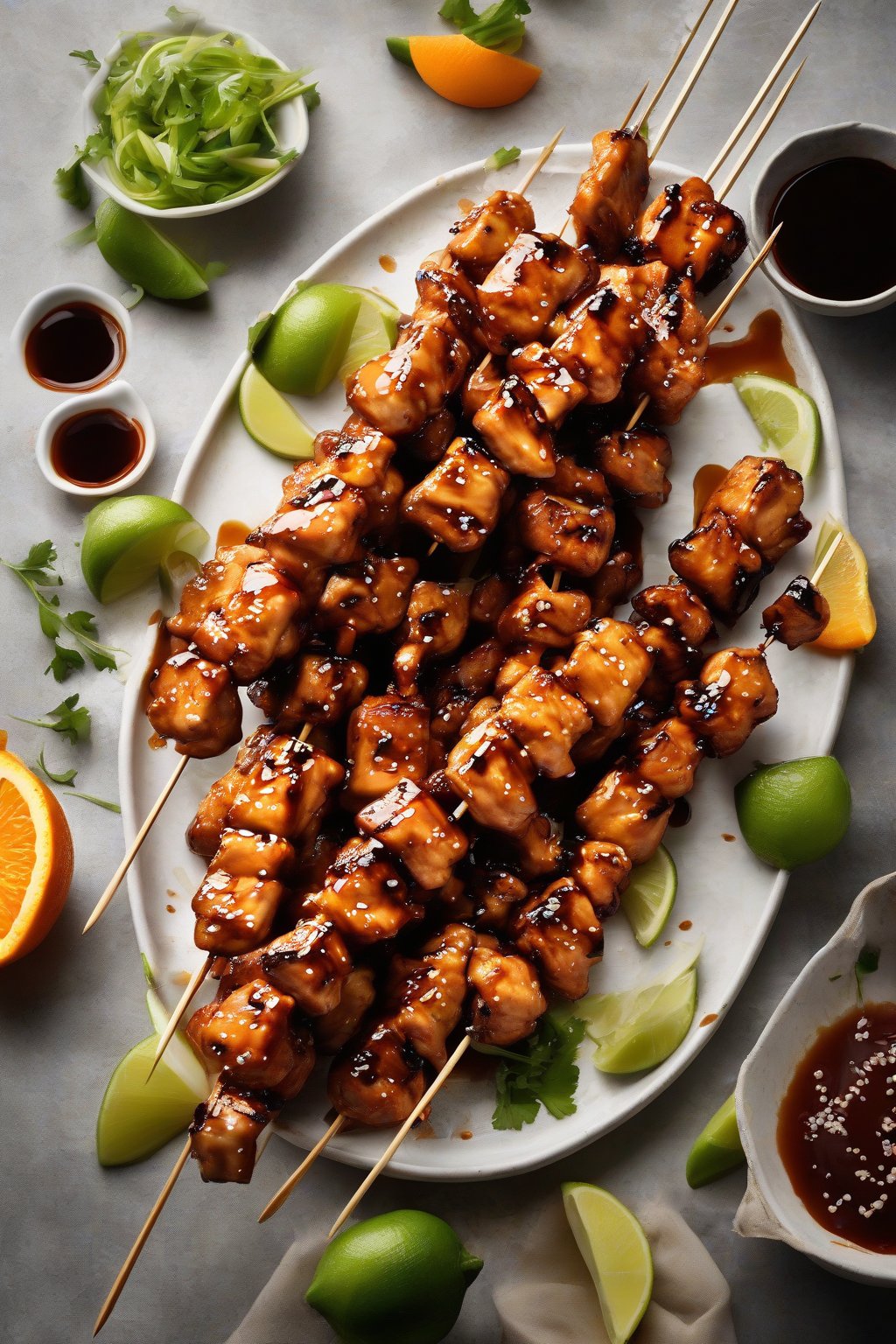 A high-resolution photo of teriyaki-orange chicken skewers dripping sauce, charred edges, under soft lighting.
