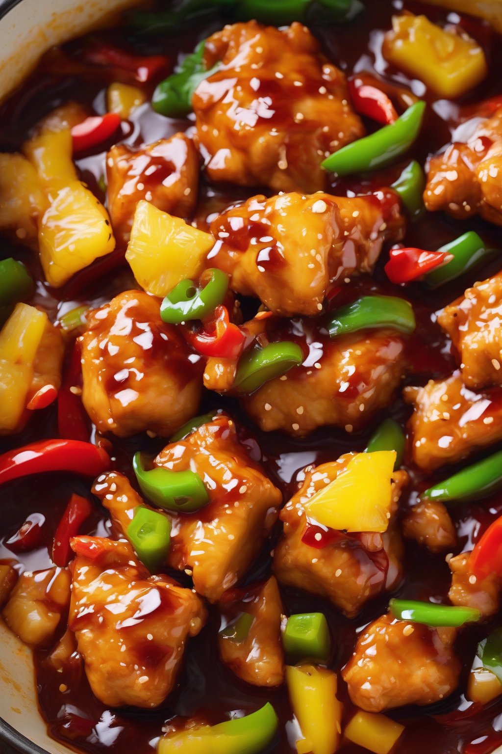 A high-resolution photo of orange chicken with pineapple chunks and peppers in sticky sauce, vibrant colors, under soft lighting.