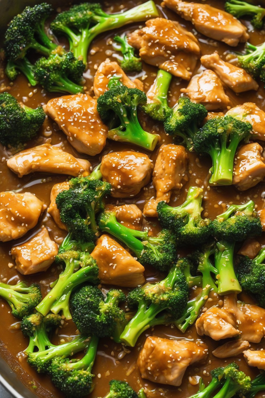 A high-resolution photo of orange-glazed chicken and broccoli stir-fry, sauce coating everything evenly, under soft lighting.