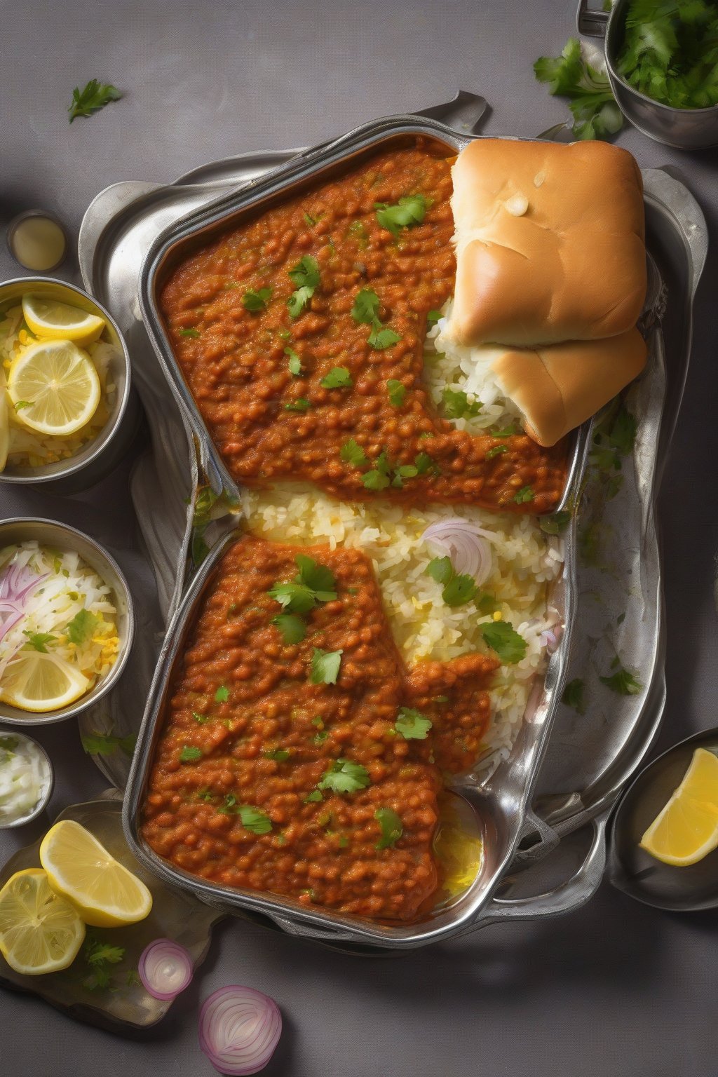 A high-resolution photo of steaming classic Mumbai Pav Bhaji with buttered pav on the side, garnished with onions and lemon, under soft lighting.