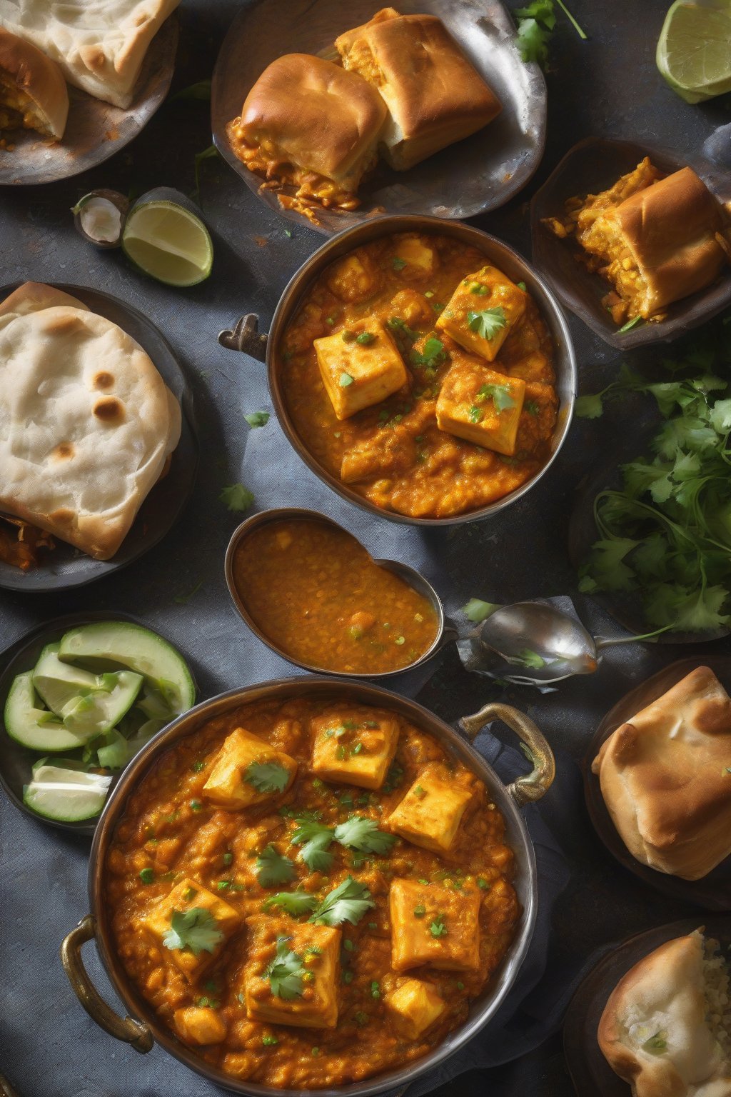 A high-resolution photo of Paneer Pav Bhaji showing golden paneer pieces in spicy bhaji, with flaky pav, under soft lighting.