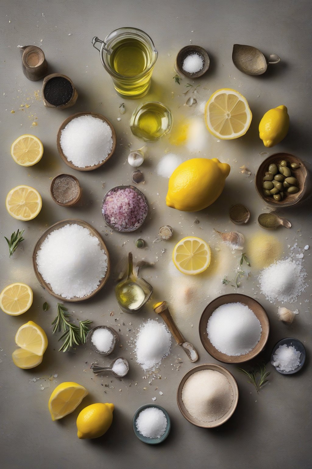 A high-resolution photo of Salt, Fat, Acid, Heat cookbook with ingredients like olive oil, lemons, and sea salt arranged artistically under soft lighting.