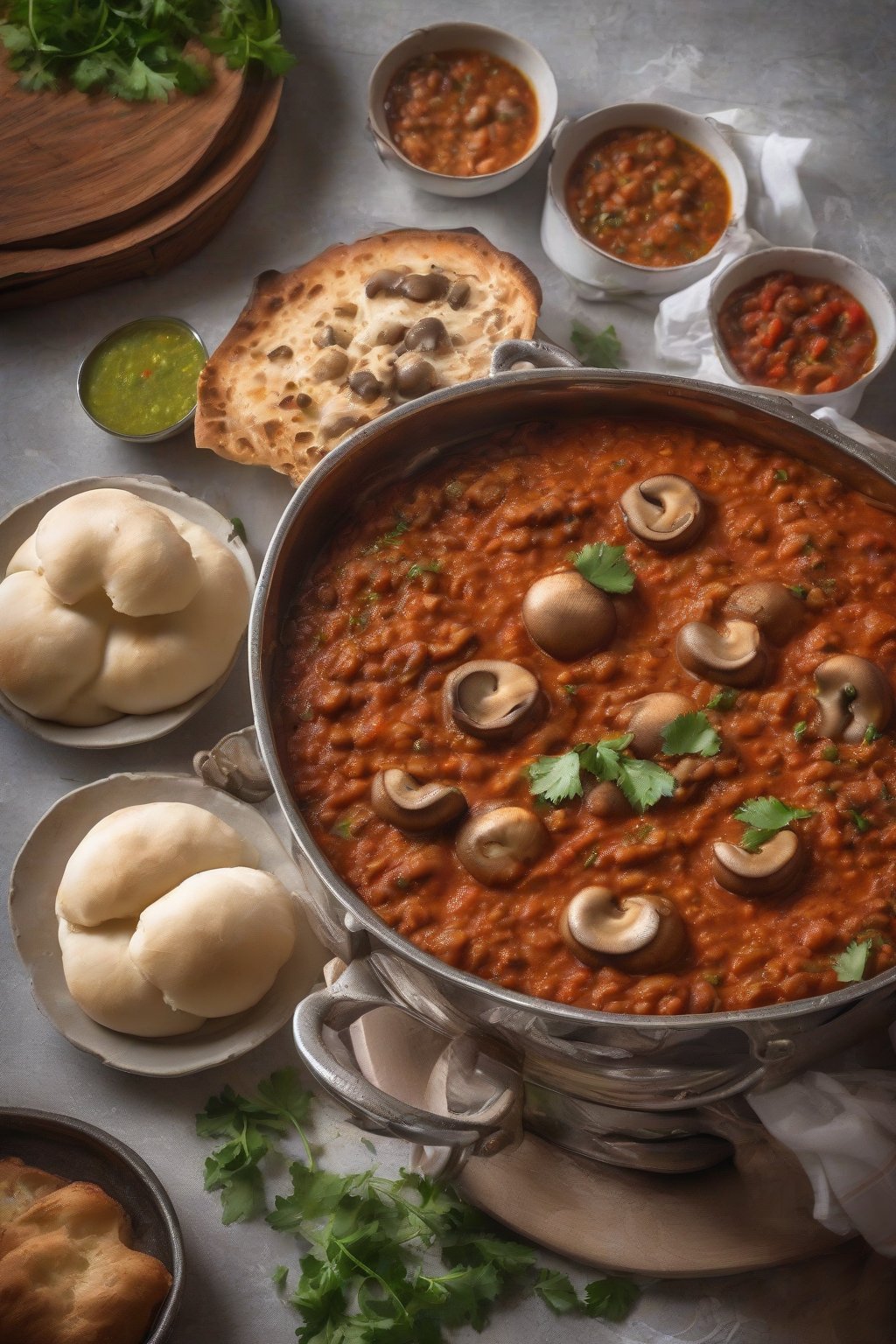 A high-resolution photo of Mushroom Pav Bhaji with sliced mushrooms peeking through red bhaji, steam rising, pav nearby, under soft lighting.