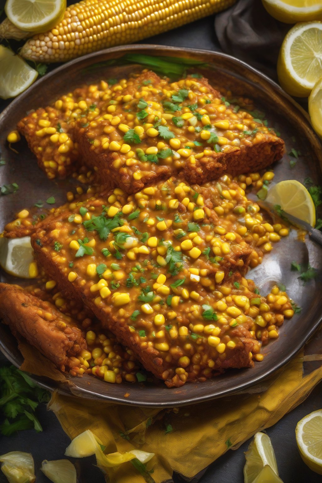 A high-resolution photo of Corn Pav Bhaji bursting with yellow kernels in fiery bhaji, lemon wedge aside, buttered pav, under soft lighting.