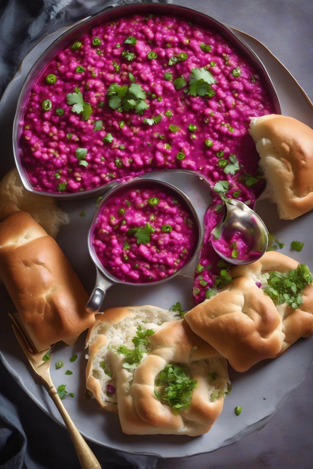 A high-resolution photo of pink Beetroot Pav Bhaji glowing vibrantly, topped with coriander, soft pav rolls, under soft lighting.