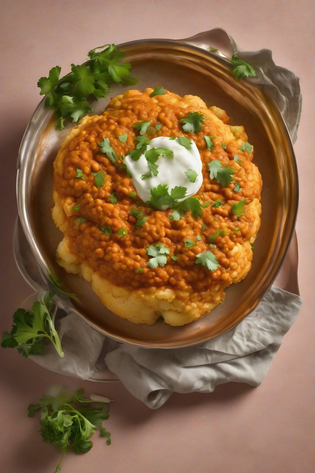 A high-resolution photo of Cauliflower Pav Bhaji with textured mash, green garnishes, golden pav, under soft lighting.