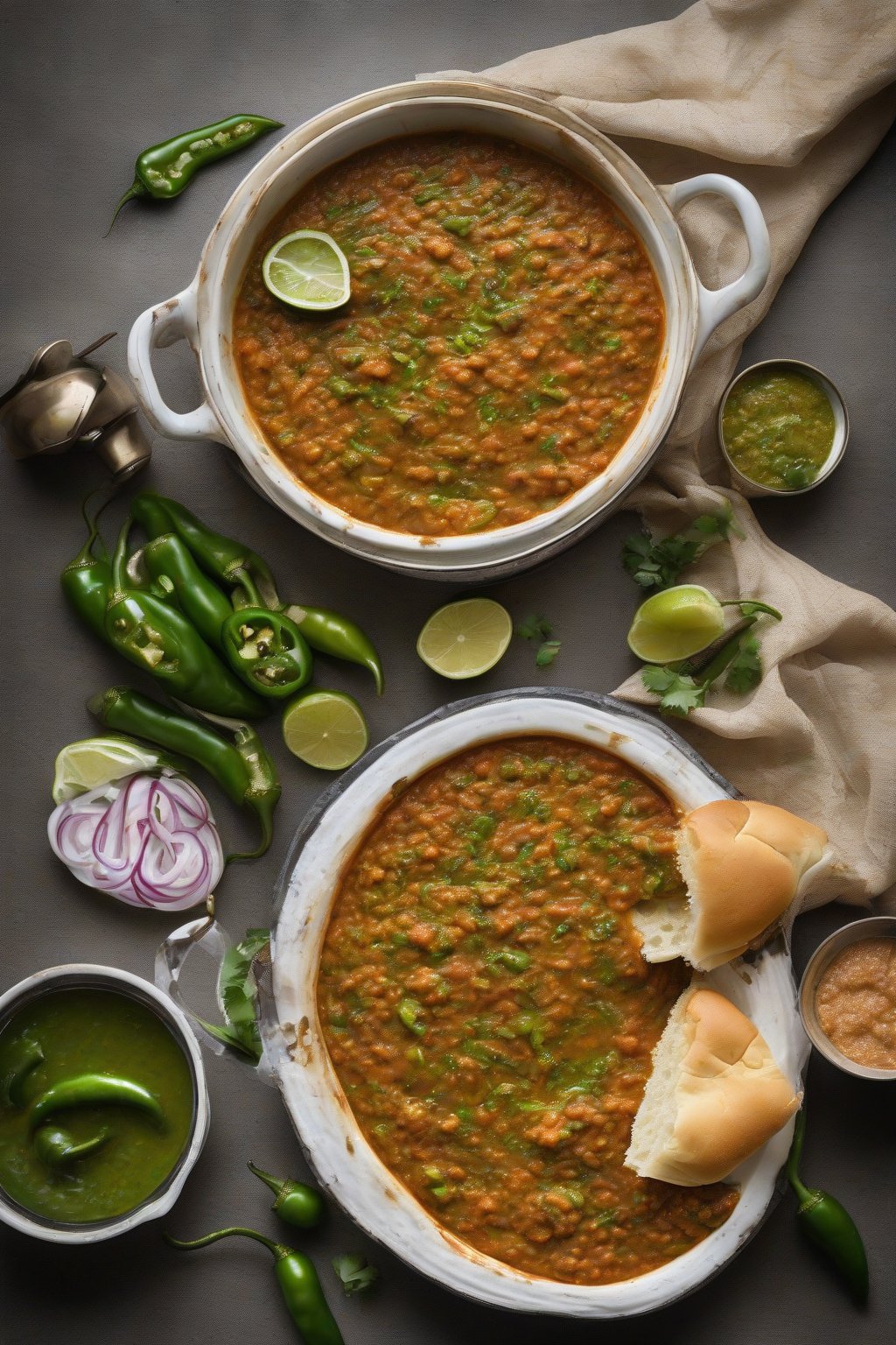 A high-resolution photo of spicy Jalapeño Pav Bhaji with green chili flecks, sweat-inducing steam, pav ready to dip, under soft lighting.