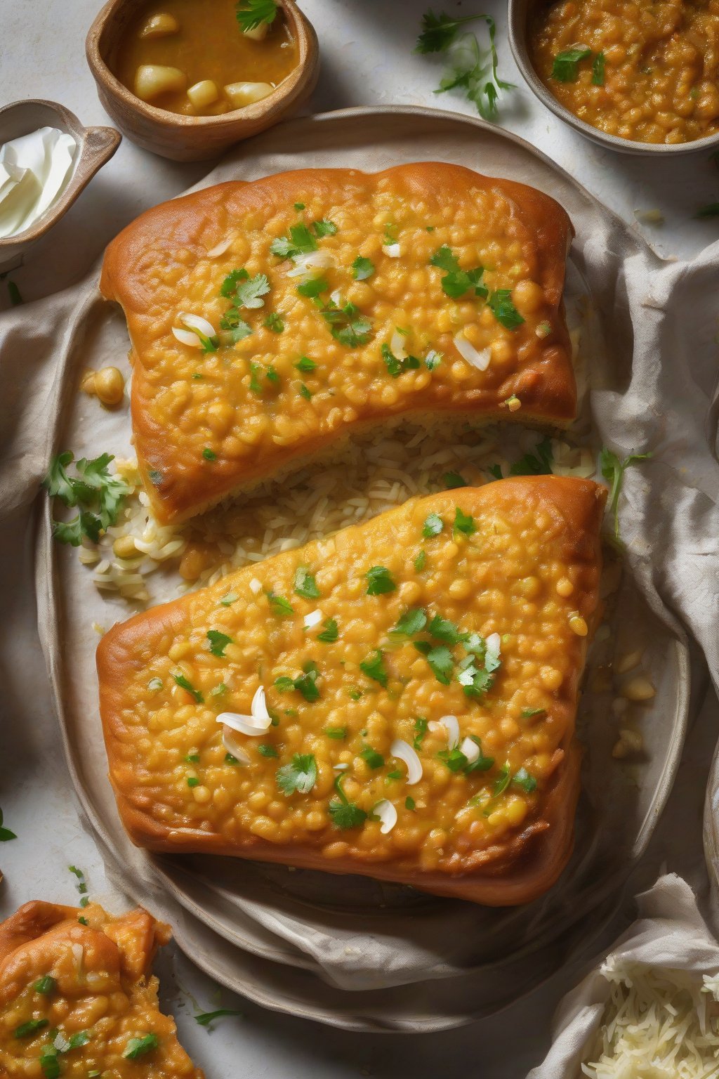 A high-resolution photo of Garlic Pav Bhaji shimmering with butter, minced garlic visible, pav glistening, under soft lighting.