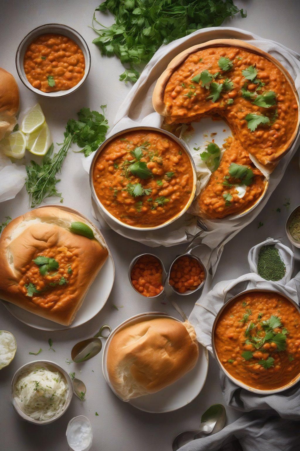 A high-resolution photo of creamy Vegan Pav Bhaji in orange hues, fresh herbs on top, crusty pav, under soft lighting.