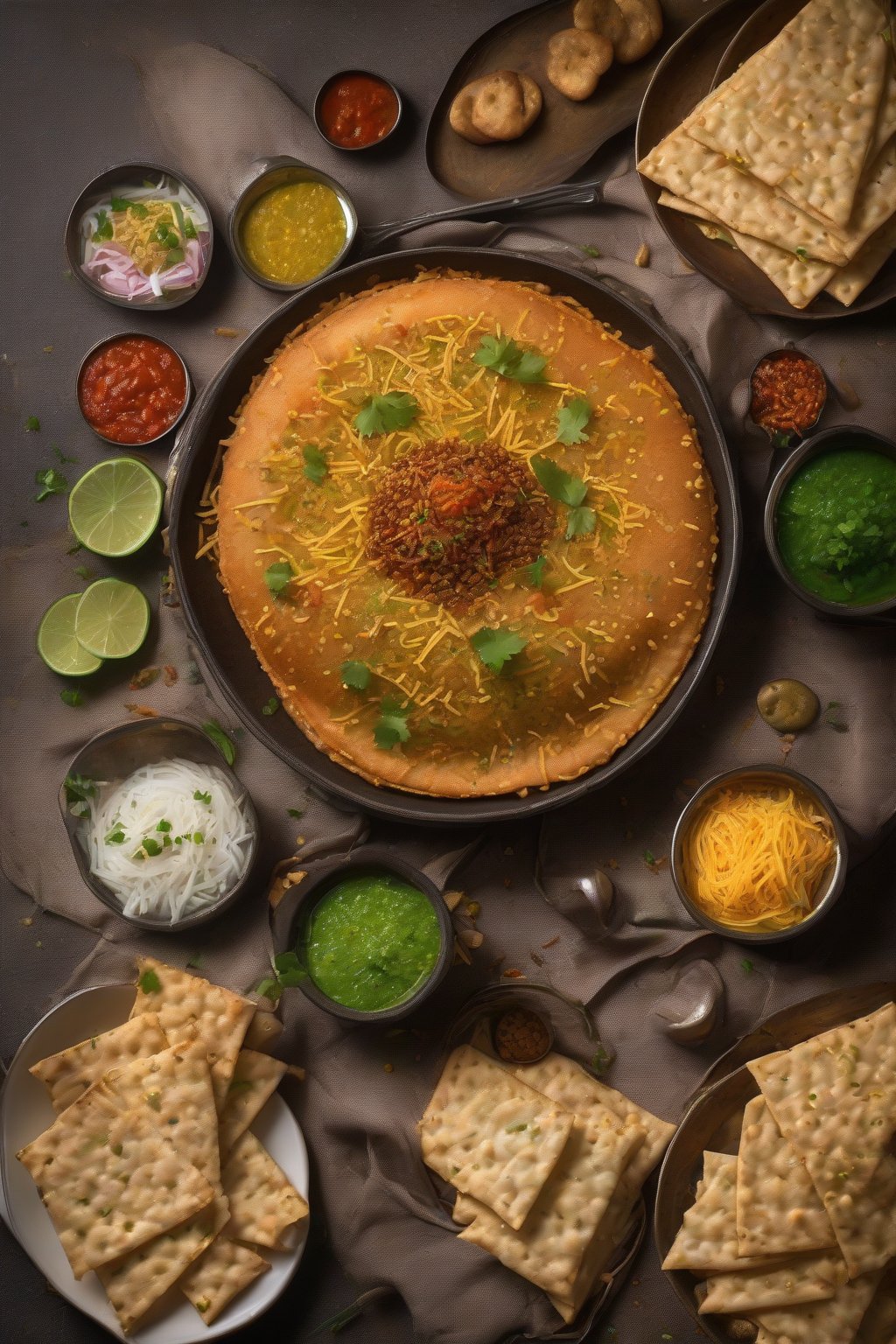 A high-resolution photo of Crunchy Aloo Papdi Pav Bhaji layered with papdi bits and sev, tangy drizzles, pav on side, under soft lighting.
