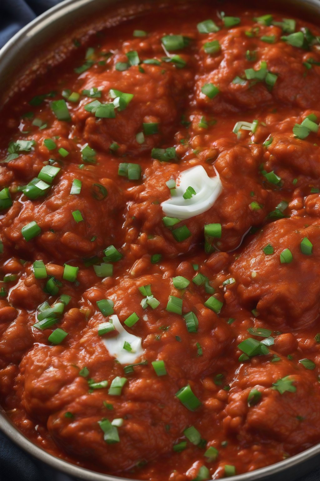A high-resolution photo of fiery Schezwan Pav Bhaji with red sauce sheen, green onions, charred pav, under soft lighting.