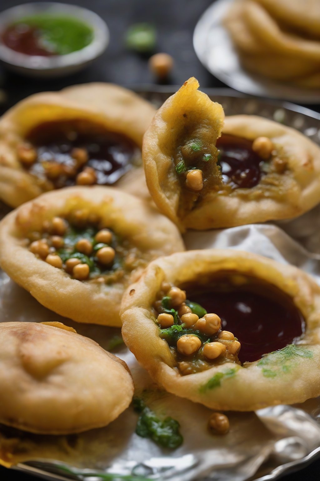 A close-up photo of golden pani puris filled with potato and chickpeas, dripping with green and tamarind chutneys, garnished with sev under soft lighting.