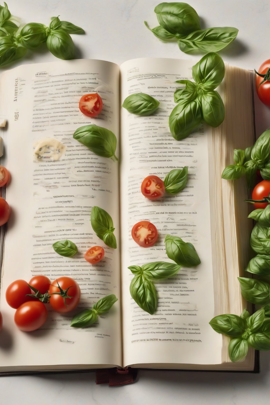 A high-resolution photo of The Flavor Bible open to a herb page, with fresh basil, tomatoes, and cheese nearby under soft lighting.