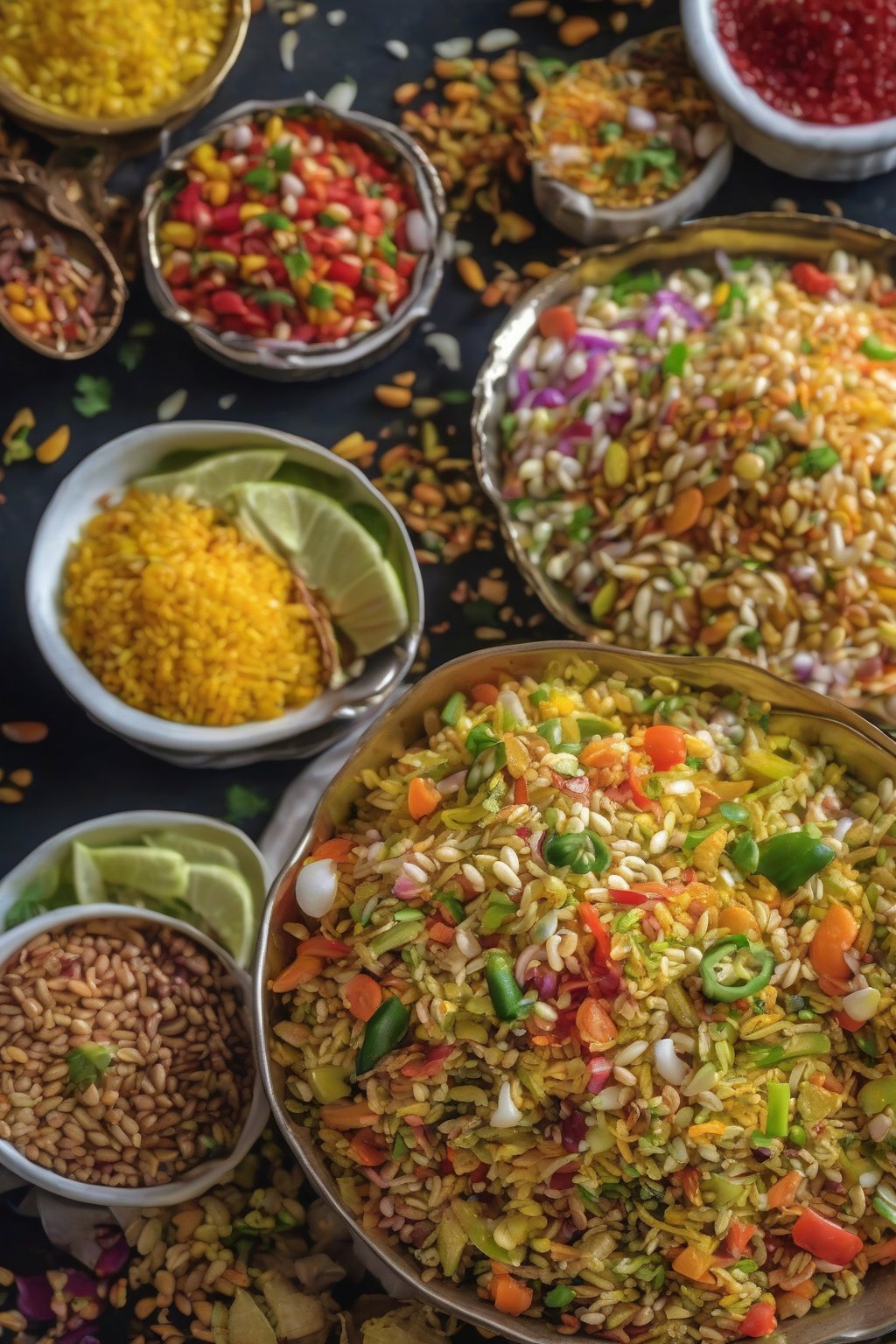 A close-up photo of vibrant bhel puri piled with puffed rice, fresh veggies, chutneys, and crunchy sev under soft lighting.