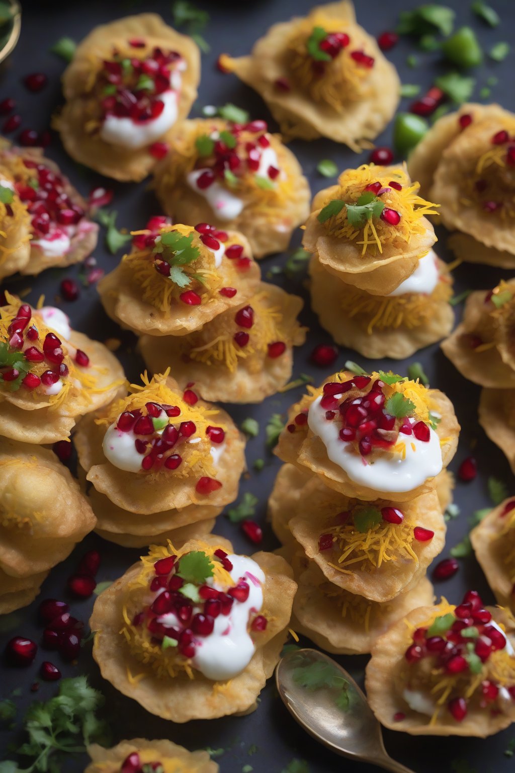 A close-up photo of sev puri stacks topped with yogurt, chutneys, sev, and pomegranate arils under soft lighting.