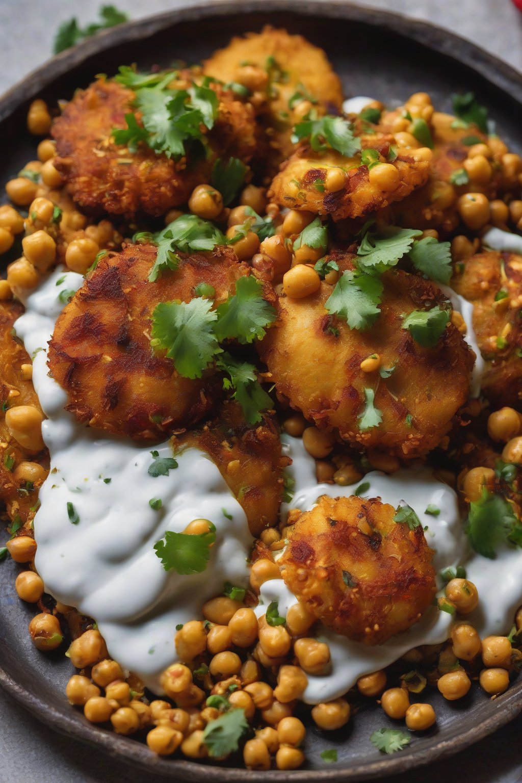 A close-up photo of crispy aloo tikki smothered in yogurt, chutneys, chickpeas, and sev under soft lighting.