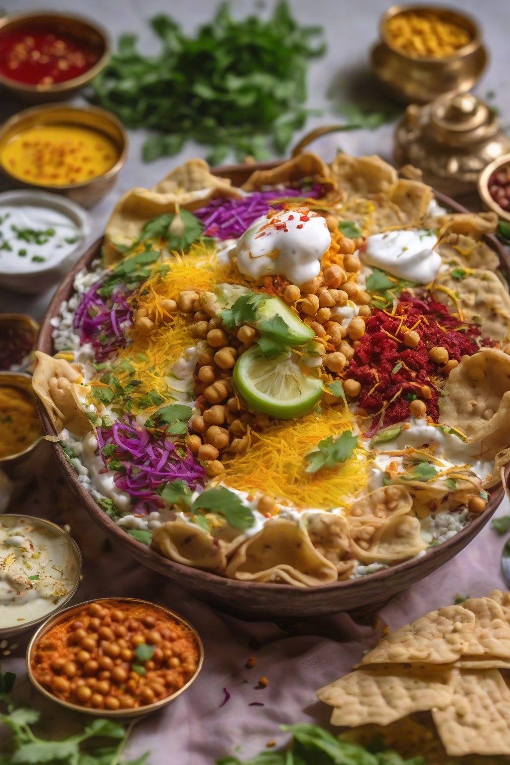 A close-up photo of papdi chaat layered with yogurt, chutneys, veggies, chickpeas, and sev under soft lighting.