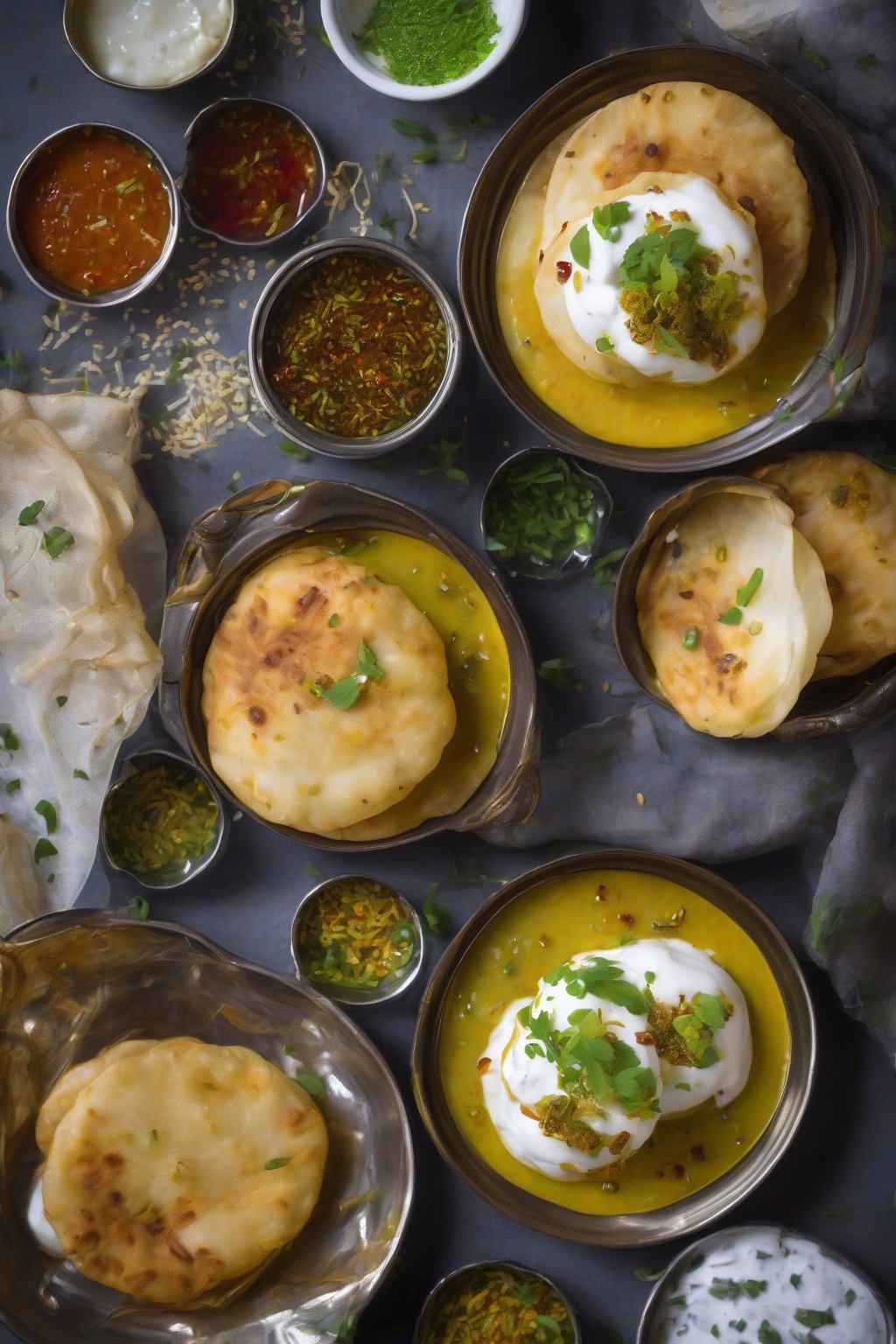 A close-up photo of dahi puris oozing yogurt, filled with sprouts and potato, topped with chutney and sev under soft lighting.