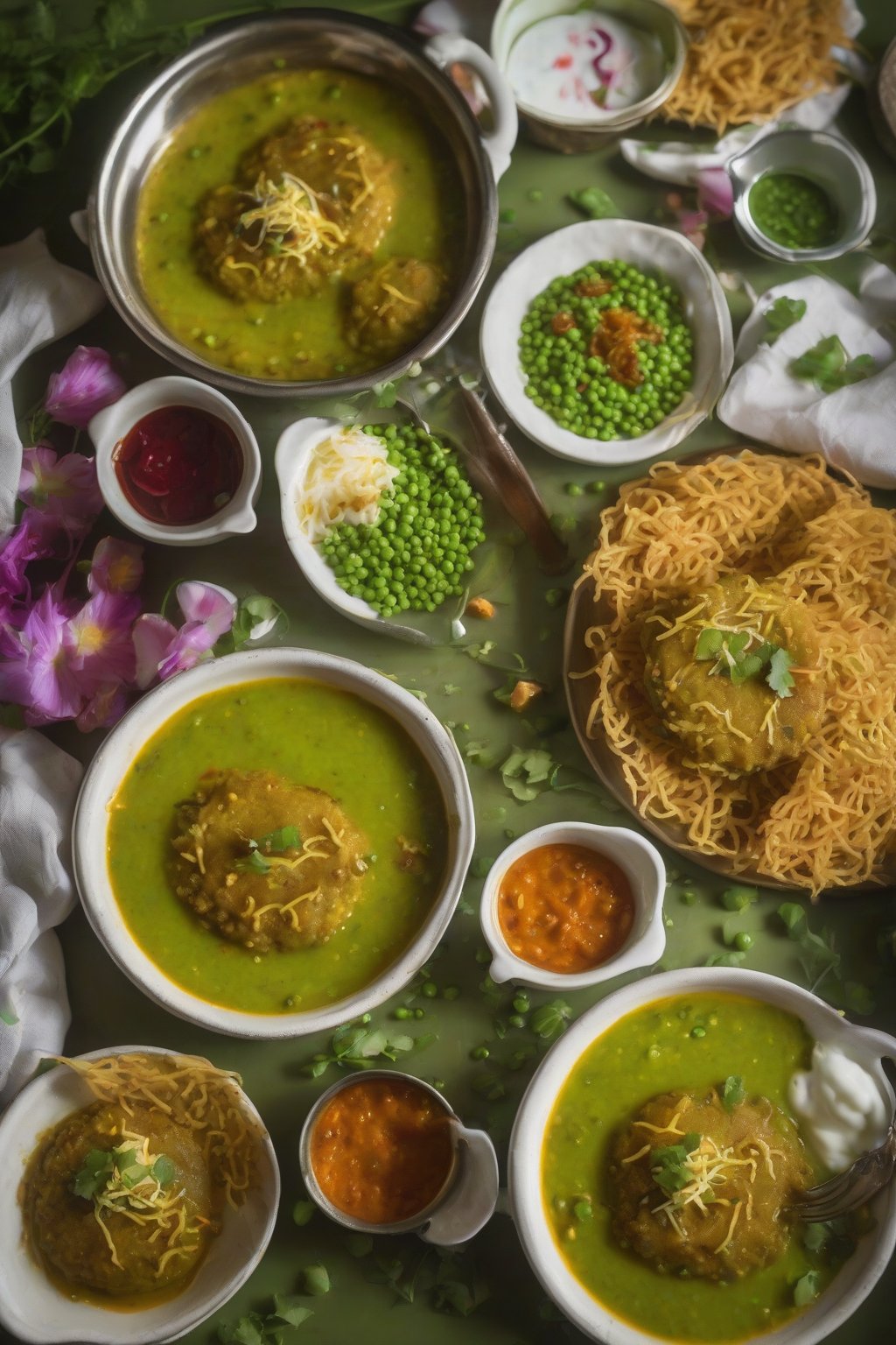 A close-up photo of ragda patties swimming in thick pea gravy, yogurt, chutneys, and sev under soft lighting.