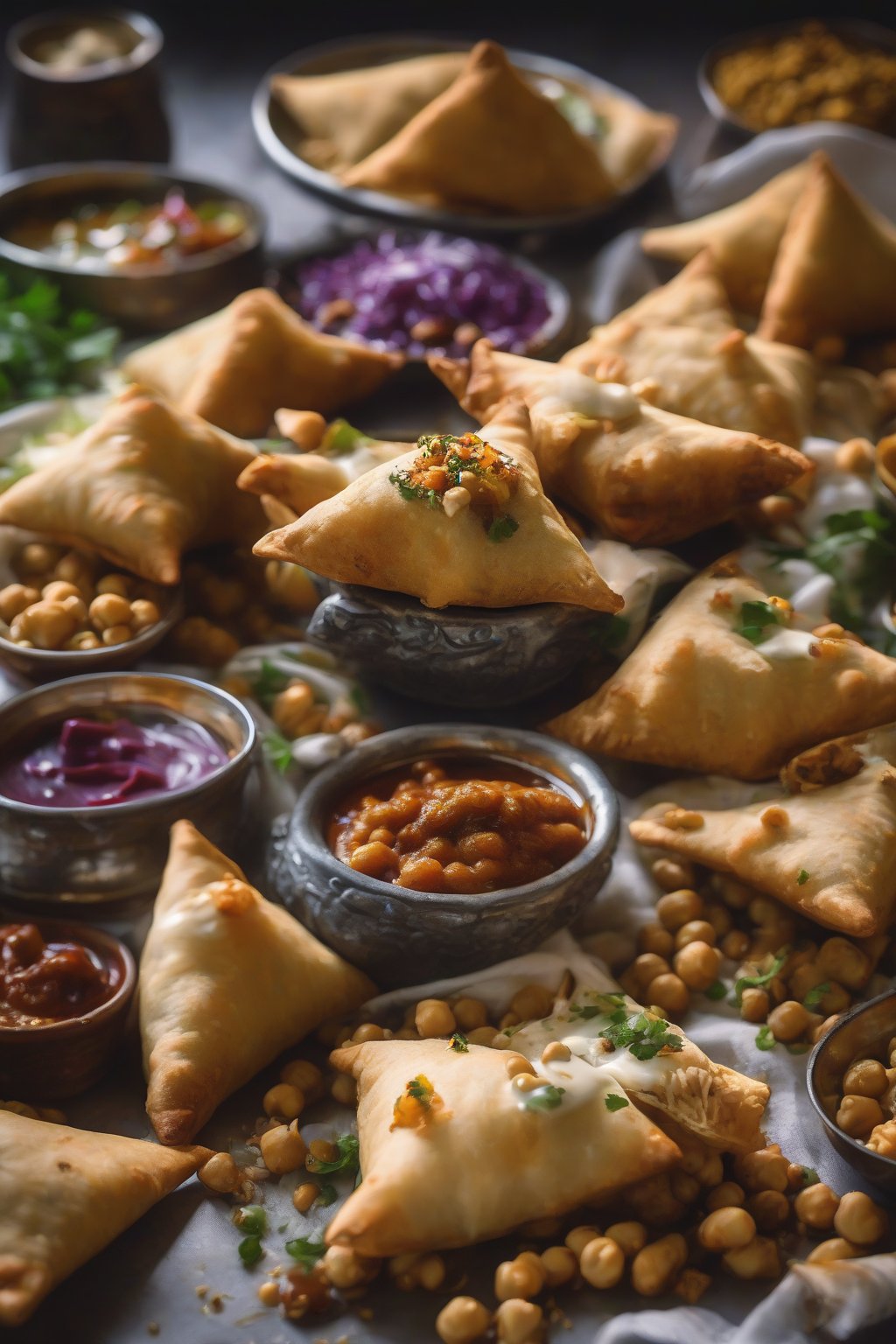 A close-up photo of crushed samosas loaded with chickpeas, yogurt, dual chutneys, and sev under soft lighting.