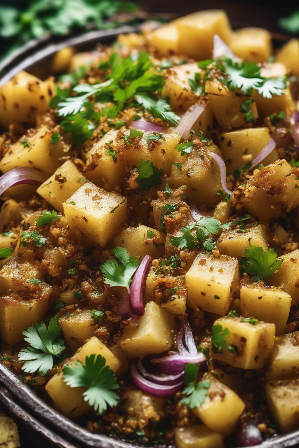 A close-up photo of spiced potato cubes mixed with chutney, onions, sev, and cilantro under soft lighting.