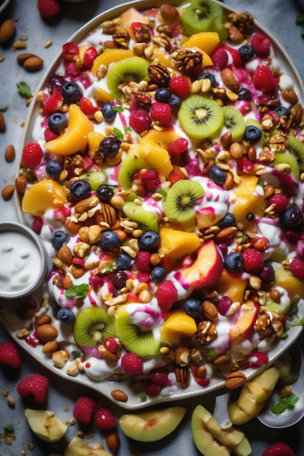 A close-up photo of colorful fruit chaat with yogurt drizzle, nuts, and chaat masala under soft lighting.