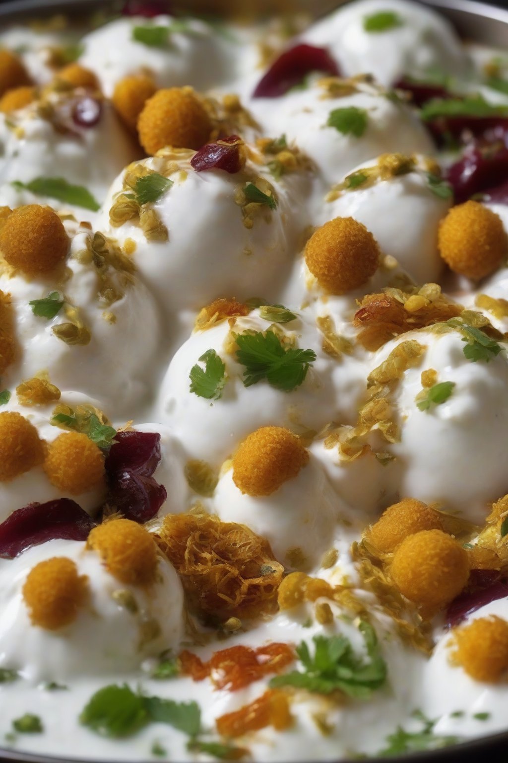 A close-up photo of soft dahi bhallas bathed in yogurt, chutneys, and sev toppings under soft lighting.