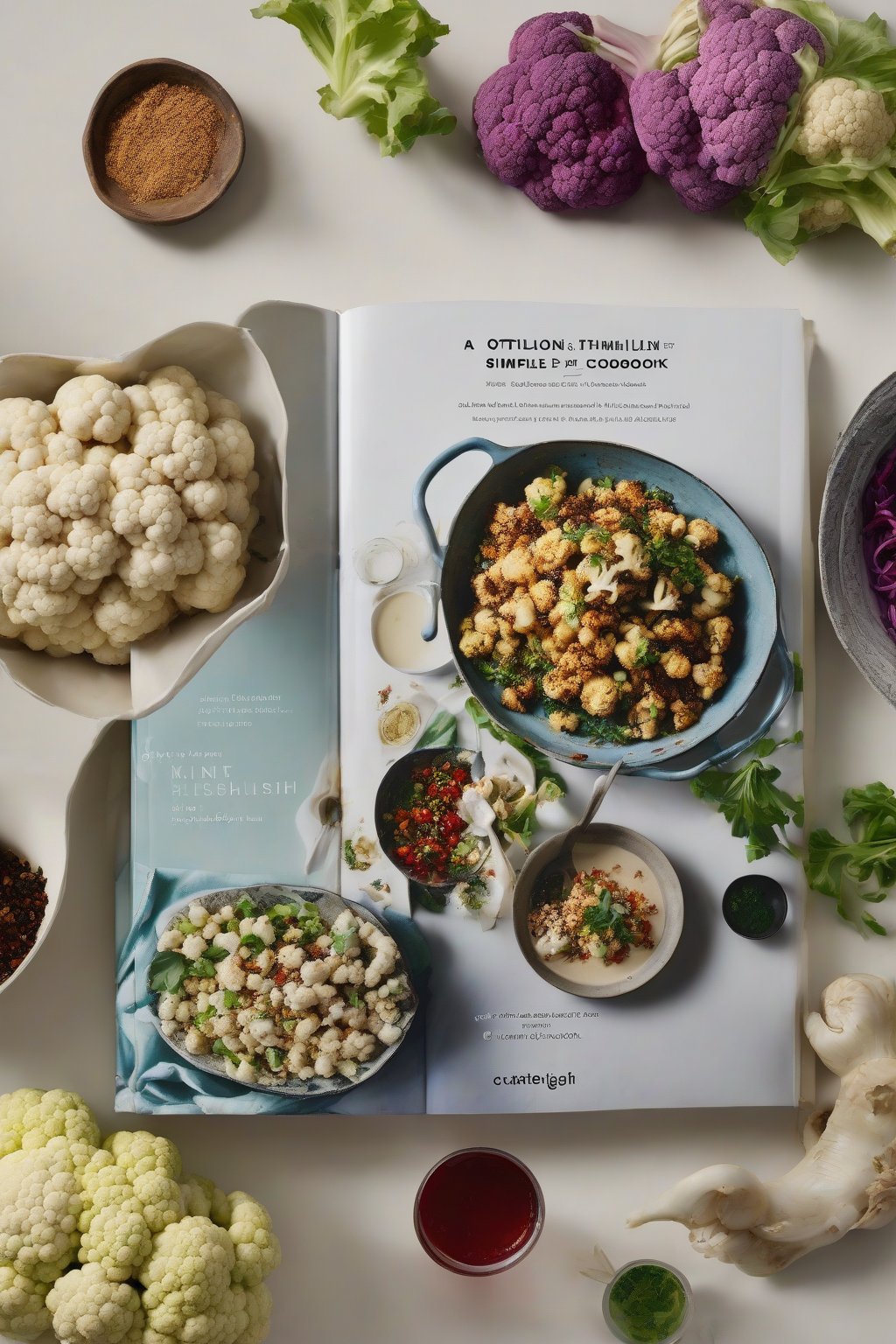A high-resolution photo of Ottolenghi Simple cookbook alongside a vibrant cauliflower dish with tahini drizzle under soft lighting.