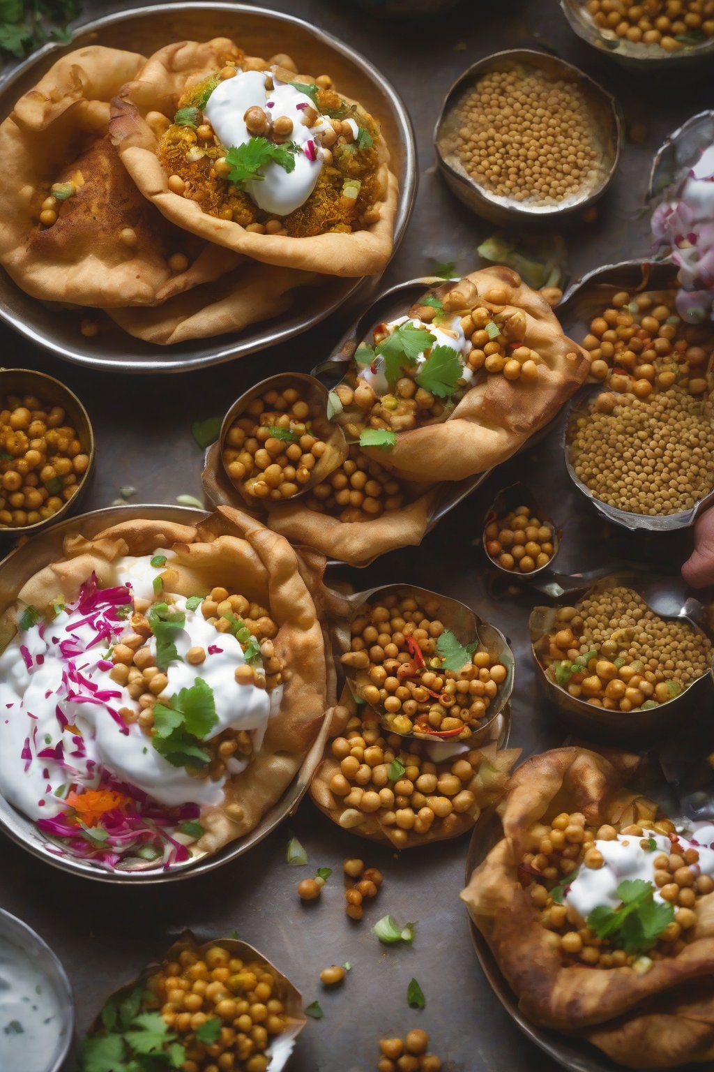 A close-up photo of flaky kachori chaat piled with chickpeas, yogurt, chutneys, and sev under soft lighting.