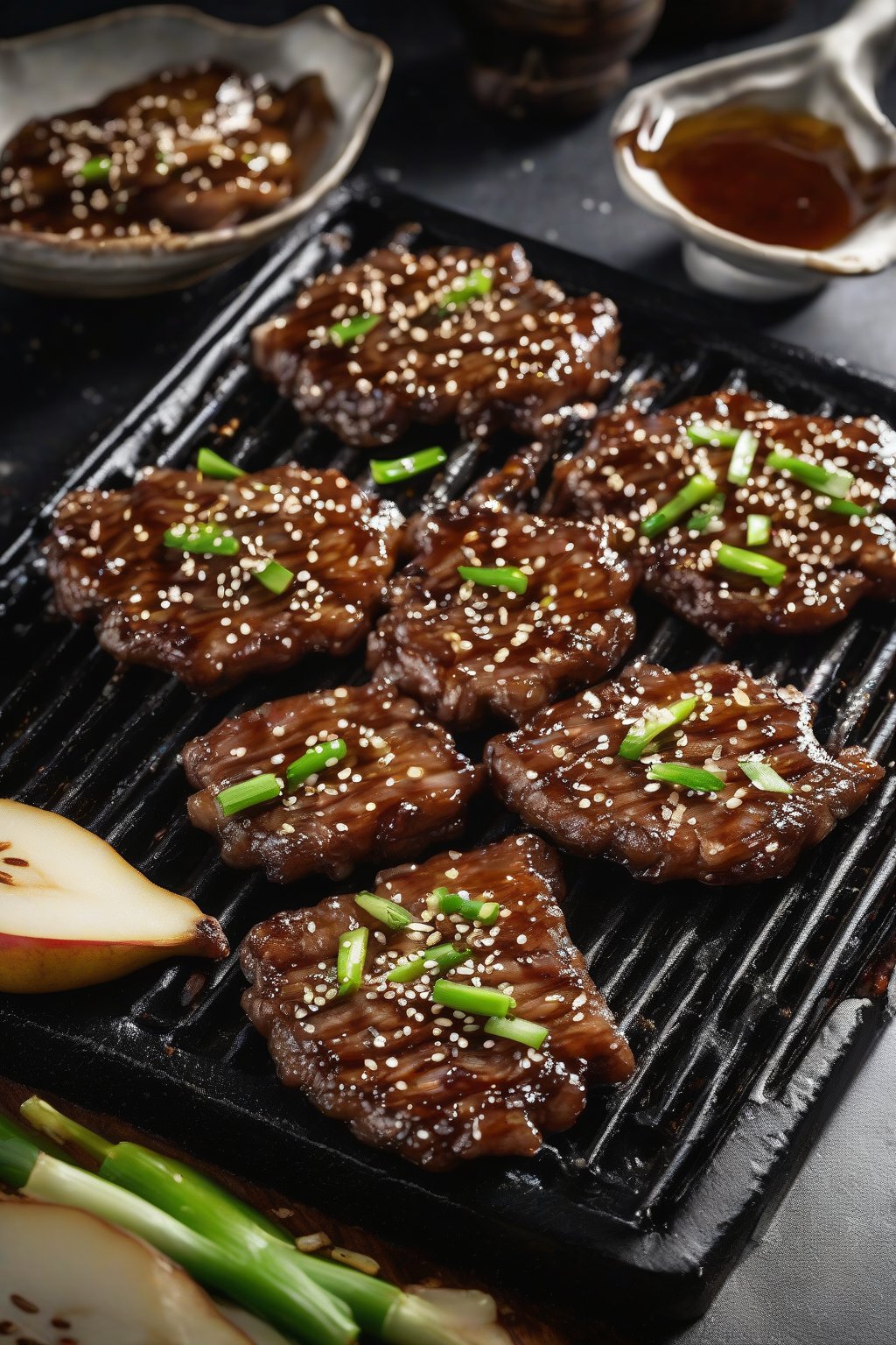A high-resolution photo of glistening classic honey-pear bulgogi slices on a sizzling grill plate, garnished with sesame seeds and green onions, under soft lighting.