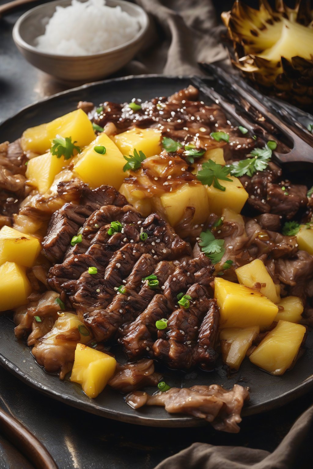 A high-resolution photo of pineapple-glazed bulgogi with charred edges and pineapple chunks, steam rising, under soft lighting.