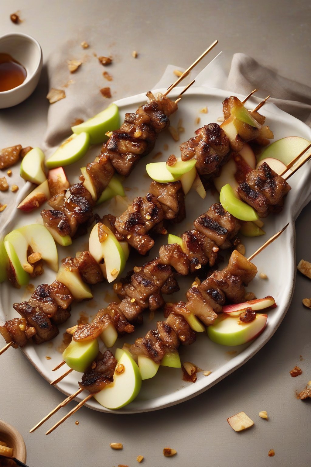A high-resolution photo of apple-cinnamon bulgogi skewers with golden caramelization, dotted with apple bits, under soft lighting.