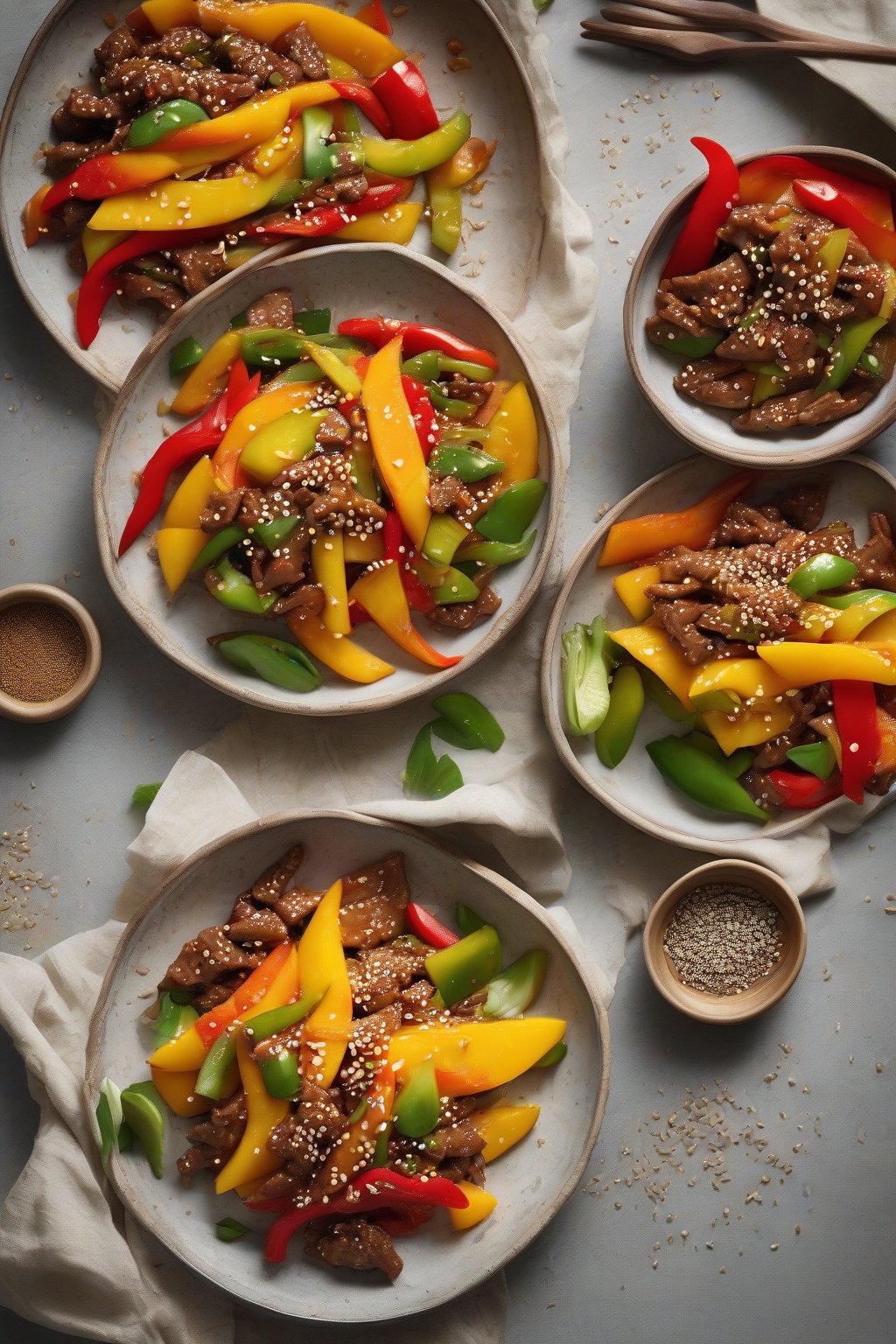 A high-resolution photo of vibrant mango-sesame bulgogi stir-fry with bell peppers and sesame sprinkle, under soft lighting.