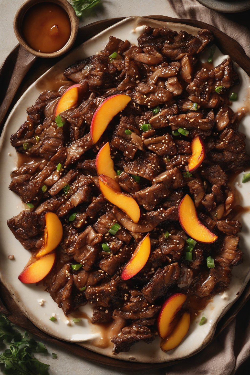 A high-resolution photo of brown sugar peach bulgogi with peach slices and smoky char marks, under soft lighting.